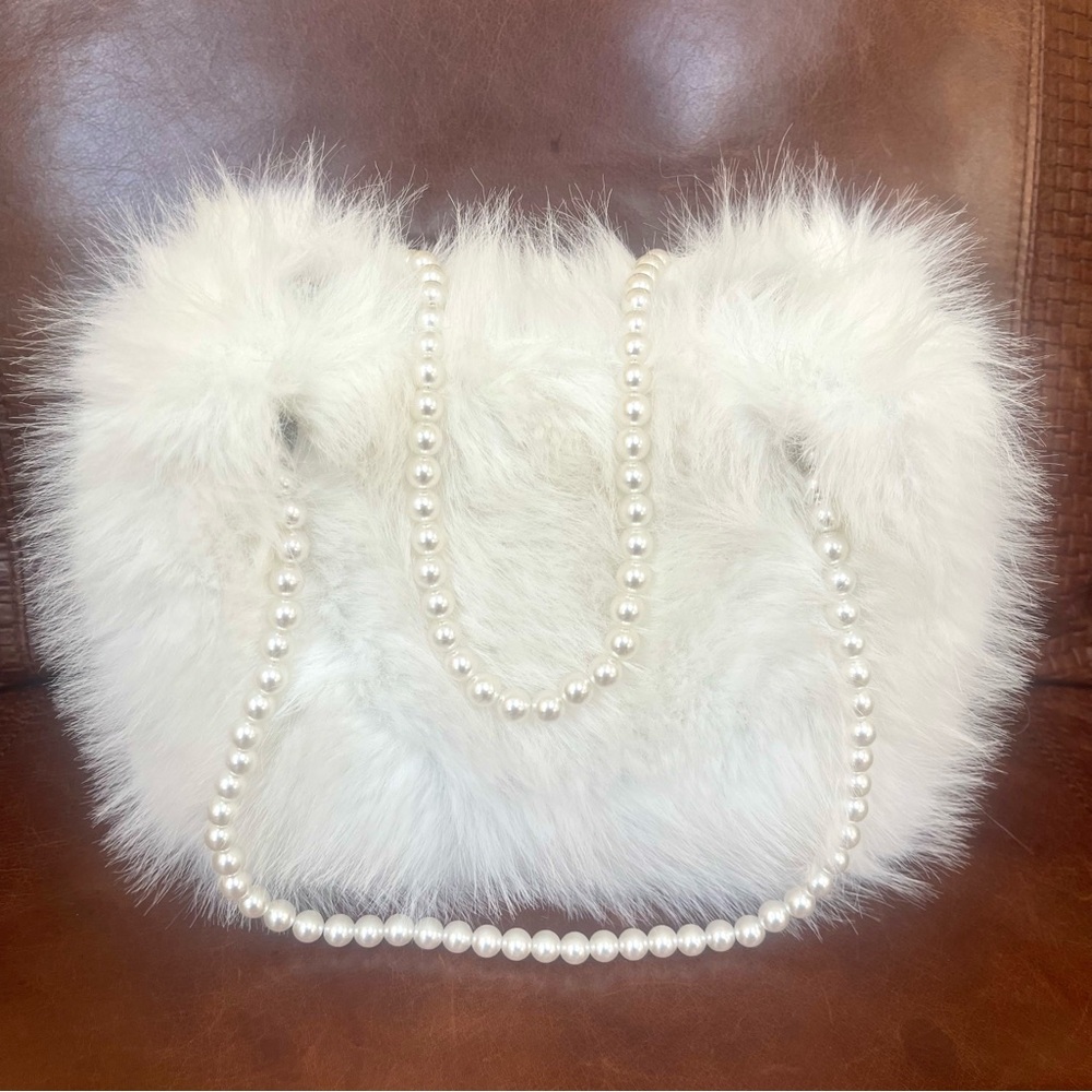 Genuine Fox Fur & Pearl Embossed Handle Straps Satchel Bag In Snow White Color - Picture 2 of 9